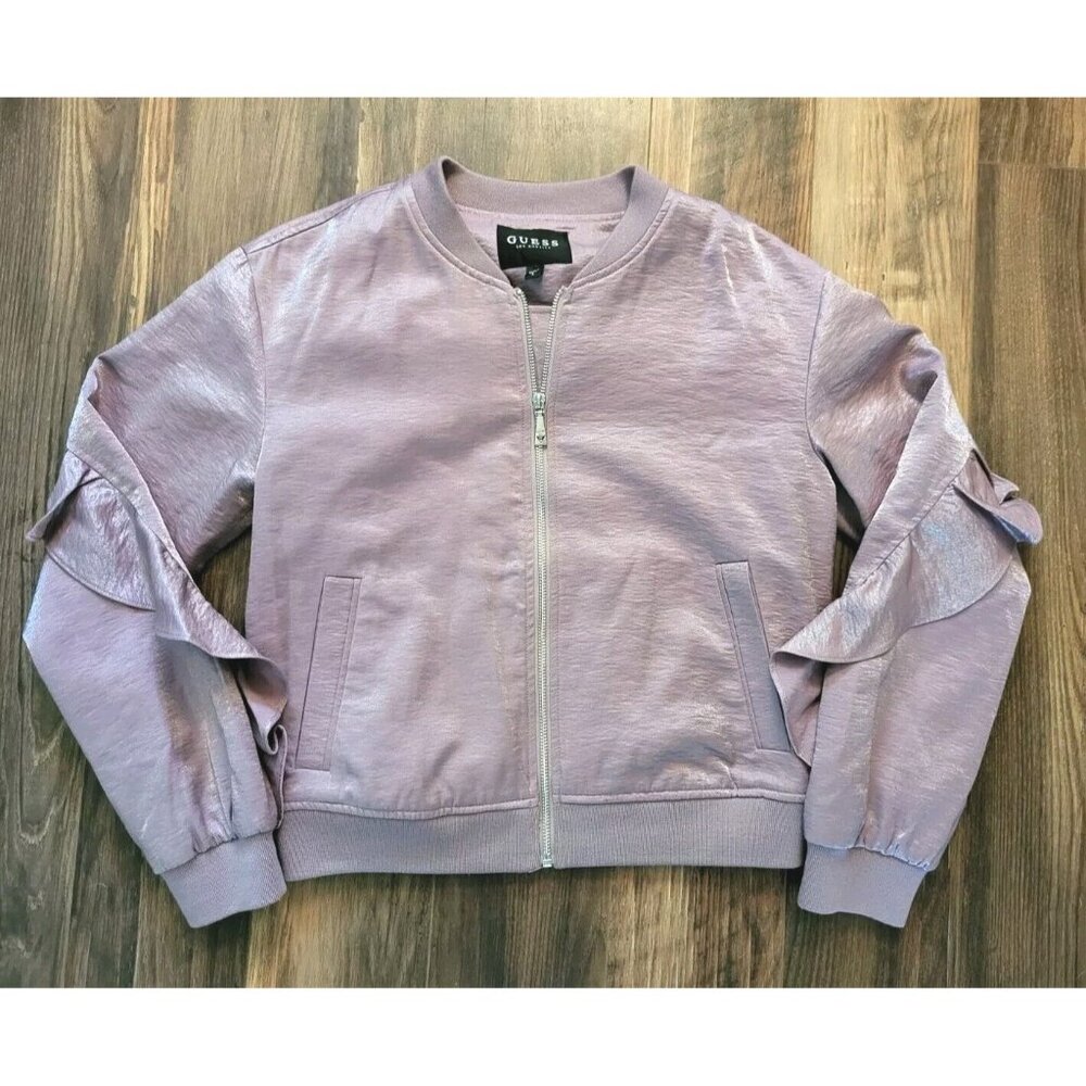 NWOT Guess Lilac Purple Shimmer Biella Ruffle Bomber Jacket Sz S